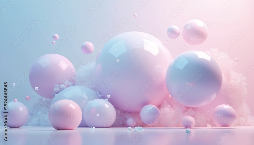 Poster abstract artwork featuring floating spheres with glossy finish in pink, blue colours. transparent or