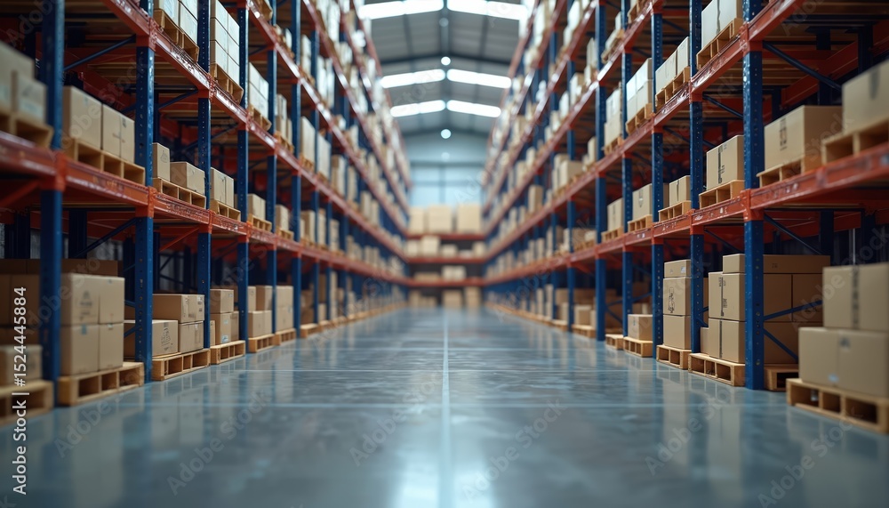 Poster warehouse interior with rows of shelves stacked with cardboard boxes on pallets. distribution center