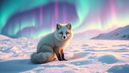 Arctic fox amidst aurora borealis, snowy scene, snowy landscape, vibrant