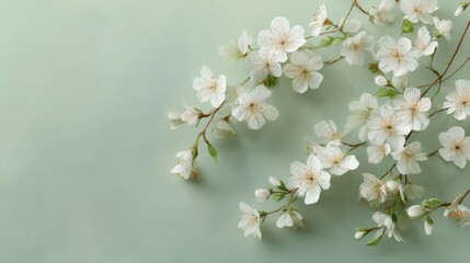 A 4K photo of delicate white flowers arranged asymmetrically on a soft green background, creating an elegant and serene Mother&acirc;&euro;&trade;s Day themed backdrop.