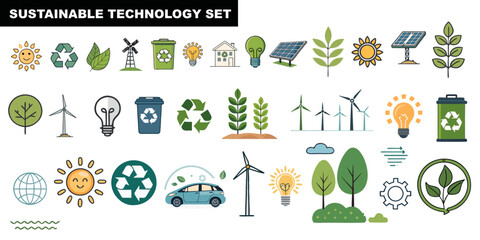 Eco-Friendly and Sustainable Technology Icons Set in Vector Style.