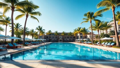 Azure pool, palm trees, sun loungers, luxurious resort,  blue,  summer