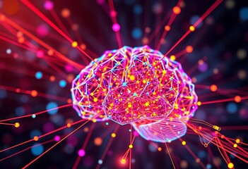 Abstract colorful network nodes and lines forming futuristic AI brain, quantum computing and big data visualization,  machine learning,  internet of things