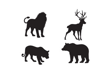 Wild Animal Silhouette Vector Set Lion, Deer, Tiger, Bear Illustration
