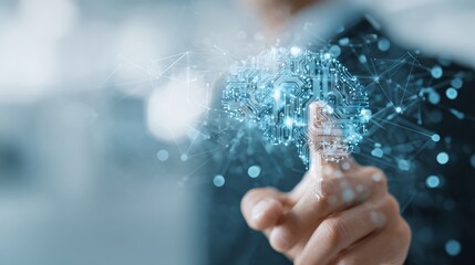 A man is pointing at a brain with a computer chip in it