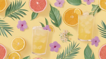 A tropical drink with a pink flower garnish and a glass of orange juice