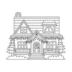 Christmas house in the winter forest fir trees and a snowman coloring page