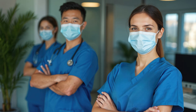Team of medical professionals in blue uniforms with crossed arms. Doctors, nurses wear protective face masks. Medical staff in hospital, clinic, ready to assist patients, provide treatment, care - Powered by Adobe