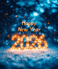 Glowing golden 2026 lights on a sparkling blue surface under a dreamy bokeh background, with cheerful Happy New Year above, a magical and festive celebration scene