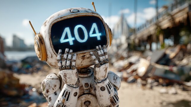 A forlorn robot holds its head in sadness, showcasing the 404 error on its screen, surrounded by trash, symbolizing the intersection of technology and environmental concerns.