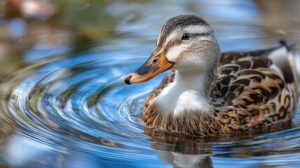 Fototapeta premium A stunning close-up of a duck reflecting in the colorful water, showcasing its intricate feather details against a backdrop that evokes feelings of peace and harmony.