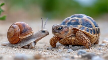 Obraz premium In this captivating scene, a snail and a tortoise are shown face-to-face, illustrating the diversity of nature and the beauty of different species coexisting peacefully.