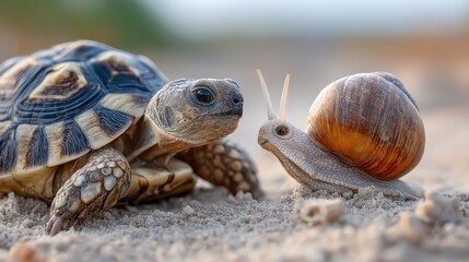 Naklejka premium This delightful close-up features a tortoise and a snail sharing a peaceful moment, symbolizing the beauty of friendship and diversity in the natural world.