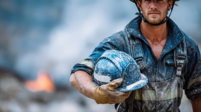 A dedicated firefighter stands stoically holding a helmet, with a backdrop of raging flames, representing vigilance, courage, and the commitment to protect and serve in extreme conditions.