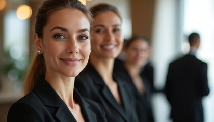 Friendly hotel staff smiling at camera. Pro employees, welcoming team in elegant attire. Hospitality, customer service, client support, receptionist, hotel business and management.