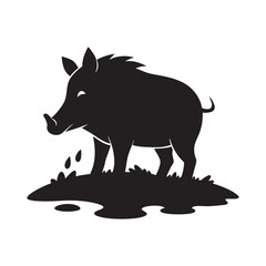 Wild Boar Rooting In Dirt Silhouette Vector Illustration