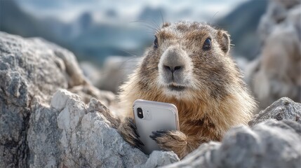 A marmot curiously holds a smartphone in its paws as it surveys the rocky backdrop, highlighting the amusing contrast between nature and technology in a playful outdoor scene.