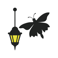 Moth Flying Near Lantern Light Silhouette Vector Illustration