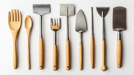 Collection of gardening and kitchen utensils on a white background.