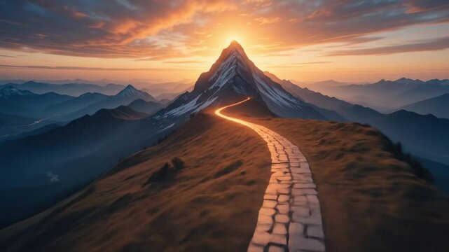 A glowing path leading to the peak of a mountain at dawn, symbolizing the pursuit of goals, inspiration, and the journey to achievement and success. 4k video 