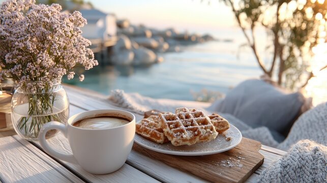 A mouth-watering plate of waffles and a cup of coffee perfectly showcased in a serene seaside setting with flowers in the background, creating a tranquil breakfast scene. - Powered by Adobe