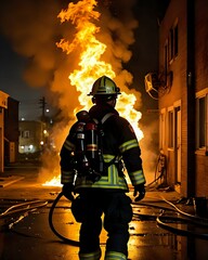 A firefighter stands facing a large blaze, a dangerous rescue operation underway at night.