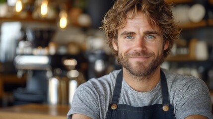 Smiling man with light brown curly hair and blue eyes, wearing a gray shirt and a dark apron, sits in a cafe