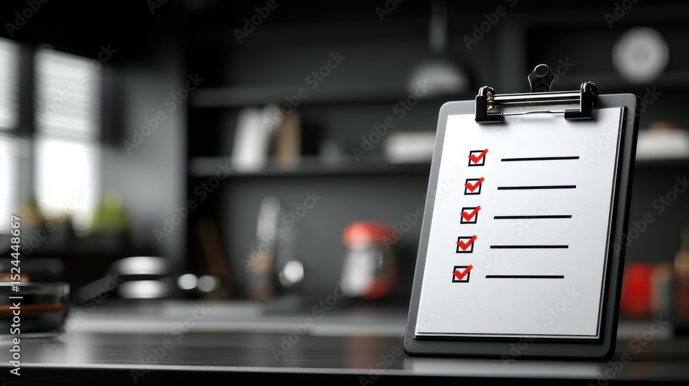 Poster personal growth clipboard with checklist in a modern workspace, emphasizing organization and product