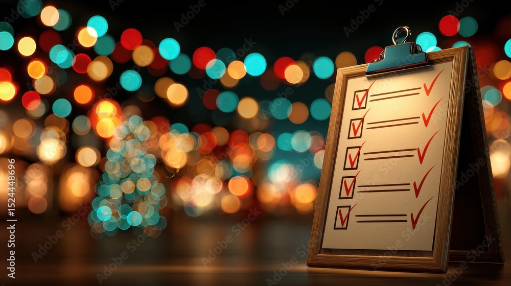 Poster personal growth checklist frame with festive bokeh lights in the background, creating a cozy holiday
