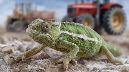A green chameleon navigates a dusty field while tractors operate nearby, showcasing the intersection of wildlife and modern farming practices.