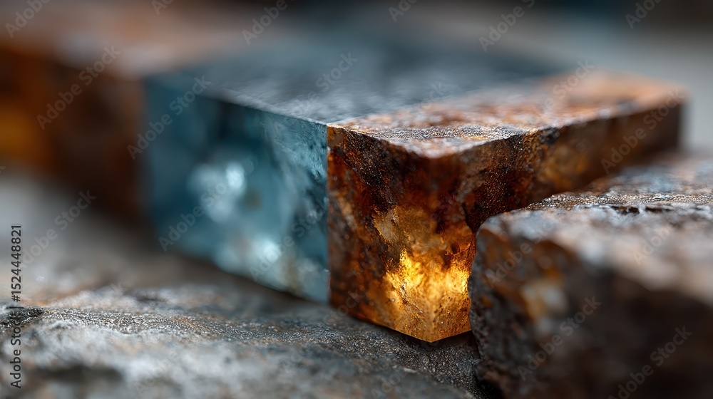 Aufkleber a captivating close-up of rustic glass blocks displaying rich colors and textures, embodying the fus
