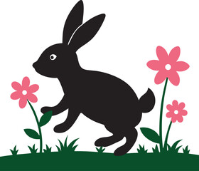 Rabbit Hopping Through Flower Meadow Silhouette Vector