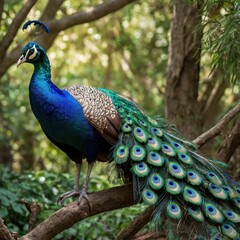 Obraz premium Peacock perched on a branch in a lush green forest