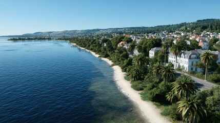 Obraz premium A picturesque coastal community sits against a backdrop of clear blue sea and lush trees, offering a peaceful escape into nature's beauty and a reflection on life.