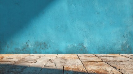 A 4K photo of empty blue wall and floor background with copy space, stone pavers on the ground, outdoor scene mockup template for product presentation.