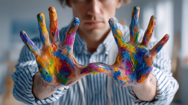 A person showcases their colorful hands covered in vibrant paints, emphasizing creativity and artistic expression in a bright studio environment filled with light.