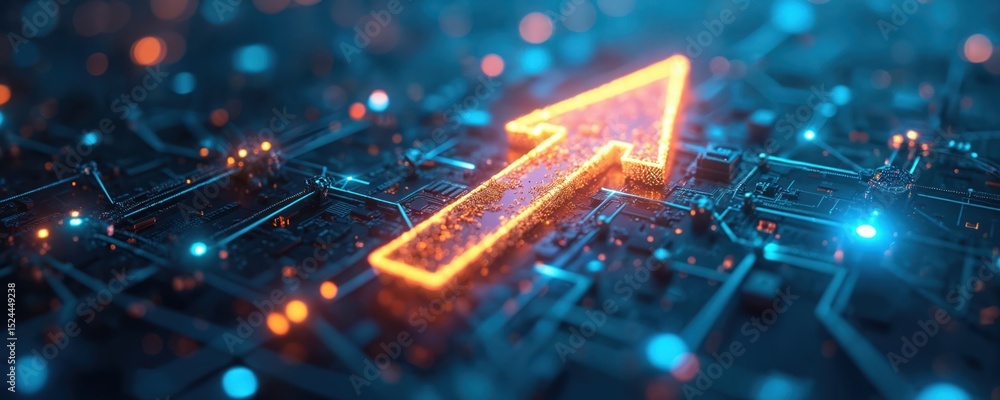 Poster futuristic glowing arrow breaks digital barriers high-tech abstract environment. tech concept growth