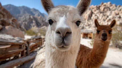 Obraz premium In a captivating desert landscape, two llamas stand prominently, with majestic mountains in the backdrop, showcasing their natural habitat and serene beauty.
