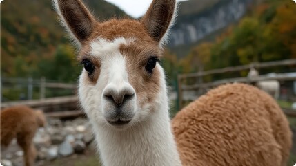 A captivating close-up of a curious llama showcases its detailed features and soft, warm fur, emphasizing its gentle nature and the vibrant environment around.