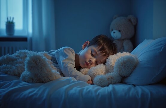 Little boy sleeps soundly in bed with teddy bear at home. Happy child sleeping comfortably with soft linen blanket. Bedtime. Sweet dreams. Innocent dream concept. Peaceful rest. Kids sleep.