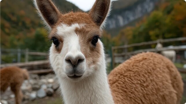 A captivating close-up of a curious llama showcases its detailed features and soft, warm fur, emphasizing its gentle nature and the vibrant environment around.