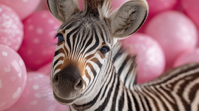 An adorable zebra foal captured beautifully among whimsical pink balloons, creating a joyful and vibrant scene that evokes happiness and innocence.