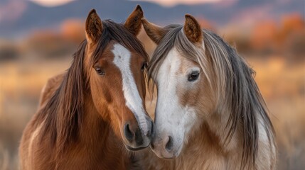 Obraz premium In a picturesque autumn setting, two companion horses lean close together, symbolizing friendship against a backdrop of warm colors and gentle hills.