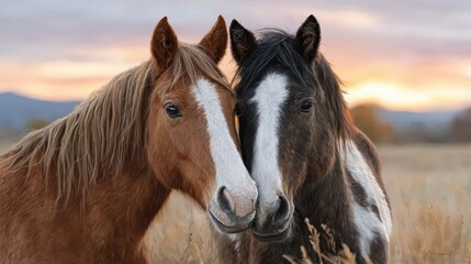 Obraz premium Two beautiful horses stand close together as the sun sets, showcasing their bond in a tranquil natural landscape filled with rich colors and soft grass.