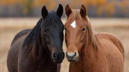 Obraz premium A stunning pair of majestic horses stand together in a calm pasture, capturing the essence of companionship amidst a backdrop of serene natural beauty.