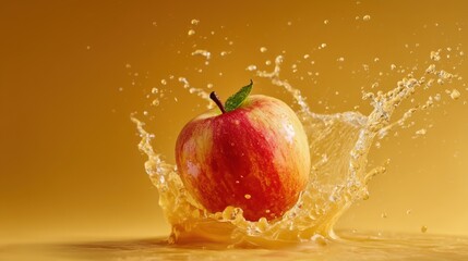 Juicy red apple breaks the surface of shimmering golden liquid, sending droplets flying in an energetic splash. The vibrant colors evoke a sense of freshness and vitality