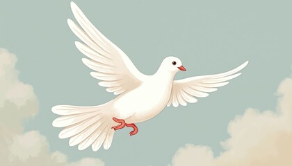 Fototapeta premium Hand drawn flying white dove bird illustration, minimal design. Sign of peace, hope, rebirth, holy spirit religion symbol, faith. Church concept. Simple cartoon character in the sky.