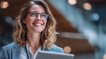 Smiling Female Portrait with Tablet in Modern Office Setting