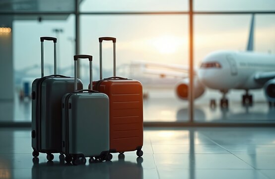 Fototapeta Suitcases in airport terminal near window with view of airplane on background. Travel, vacation concept. Baggage claim. Lost luggage, delayed flight. Summer holiday, tourism. Transportation, journey.