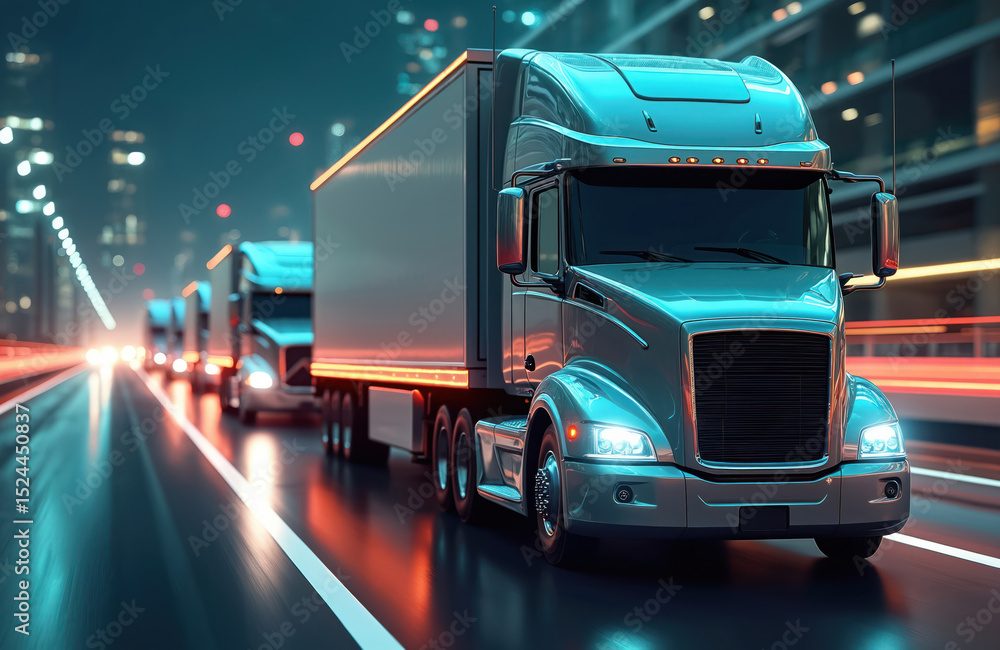 Poster ai-powered cargo transport trucks move within smart tech logistics network. automated vehicles in fl